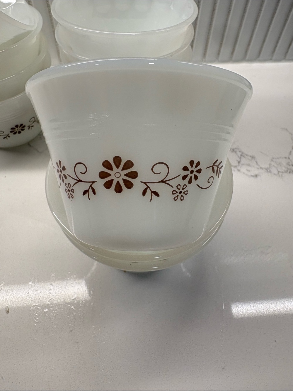 Dynaware Custard Cups  Milk Glass Floral Bowl White/Brown  MPN 23 set of 11.